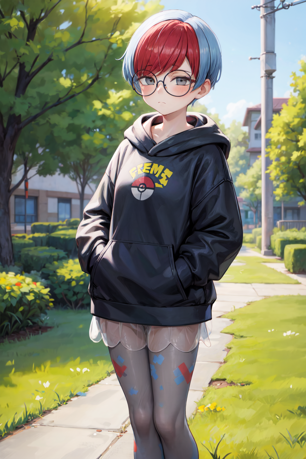 01189-2941057644-masterpiece,best quality,1girl,tomboy,Penny,short hair,blue hair,red bangs,gray eyes,glasses,round eyewear,black hoodie,grey pan.png